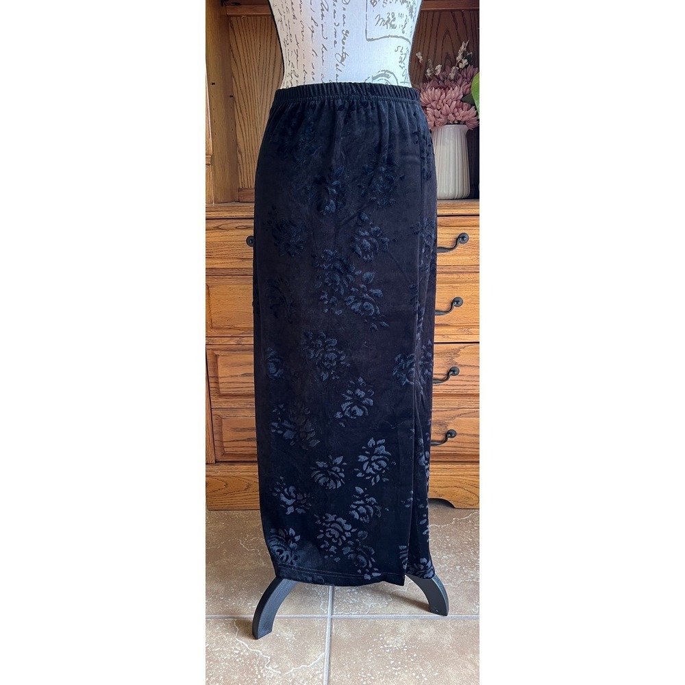 Bentley Black Burnout Floral Velvet Whimsygoth Maxi Skirt XL Elastic Waist